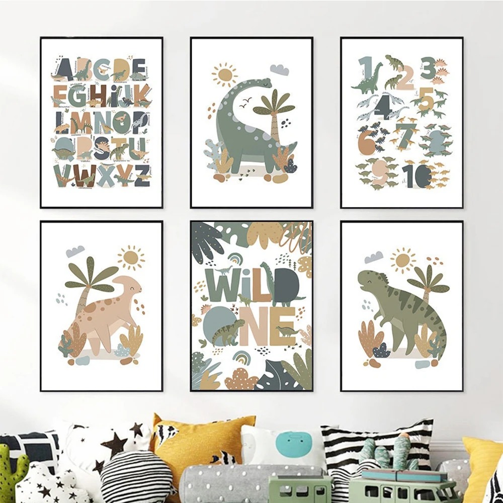 Kids Education Nursery - Cuadro Decorativo Nórdico con Dinosaurios para